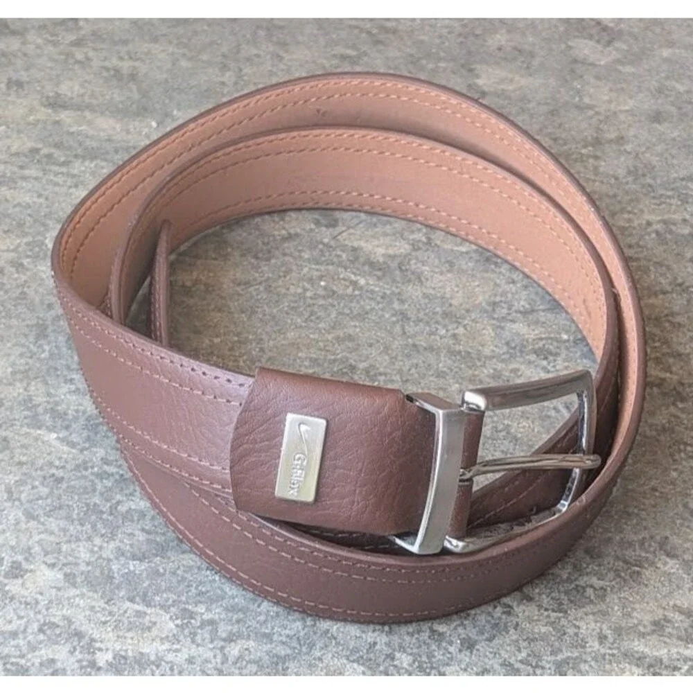 Nike G Flex Leather Belt Brown Mens Size 42 Waist Silver Buckle Golf Casual EUC